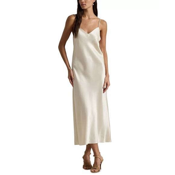 Polo by Ralph Lauren Dresses & Skirts - Polo Ralph Lauren Women Beige Satin V-neck Spaghetti Midi Slip Dress Size US 0